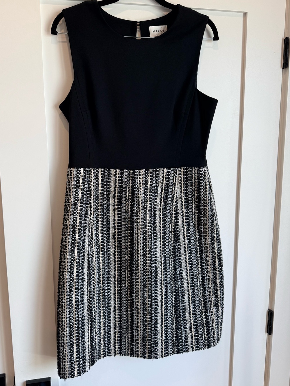 Milly Black Bodice Black & White Tweed Midi Dress